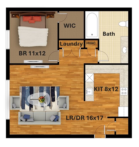 A floor plan of a small apartment with a bedroom, bathroom, laundry, and kitchen.